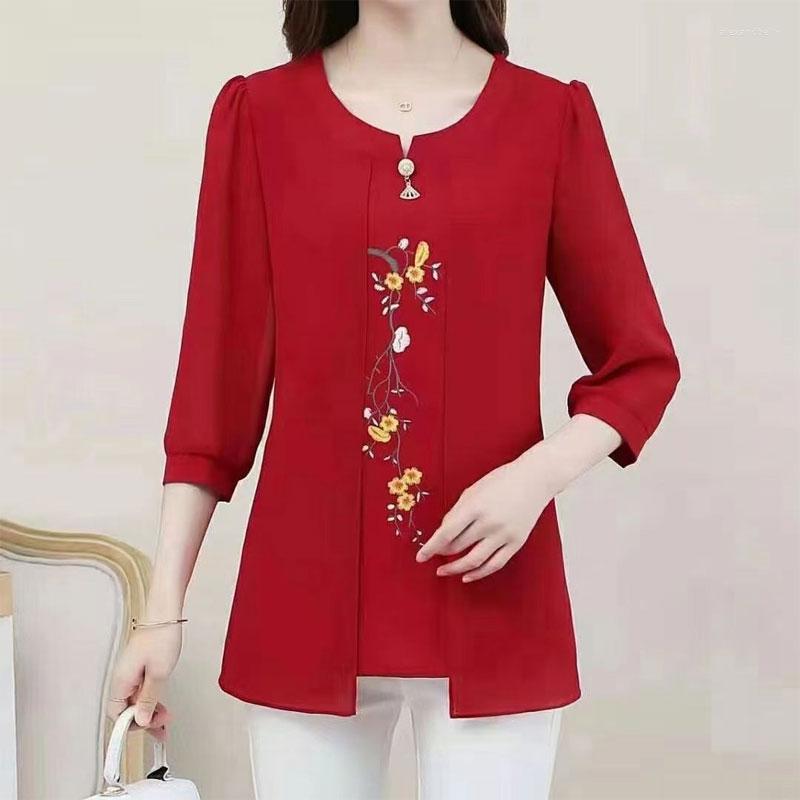 

Women's Blouses Casual Summer Half Sleeve Blouse Chic Pearl Three-dimensional Decoration Female Clothing Gauze Spliced Folk Floral Printed, Red