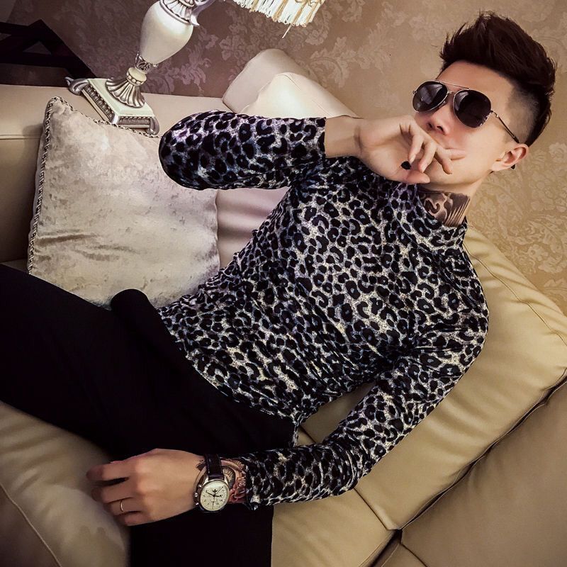 Men's T-Shirts Youth nightclub printed bottom shirt men's slim social guy half high collar T-shirt hairdresser leopard print middle collar t