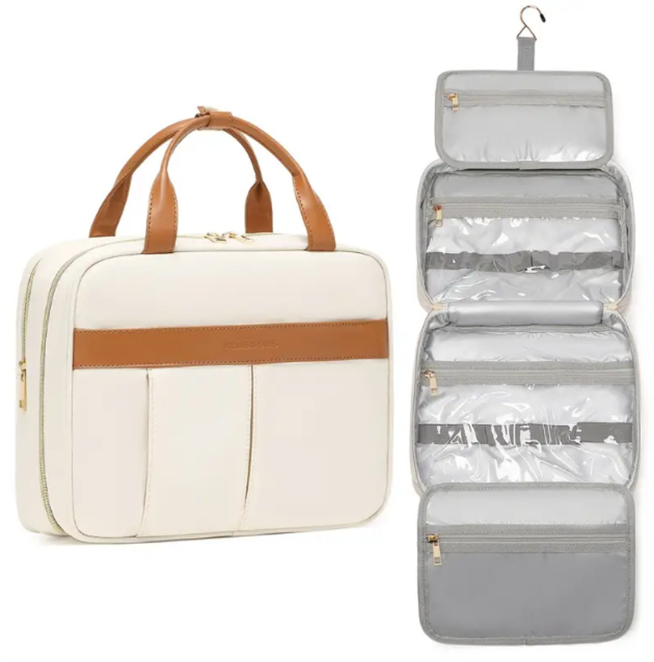 A must-have cosmetics storage bag for women's travel, with a portable multi-layer design for easier access and organization, Blue strips 
A must-have cosmetics storage bag for women's travel, with a portable multi-layer design for easier access and organization, Blue strips