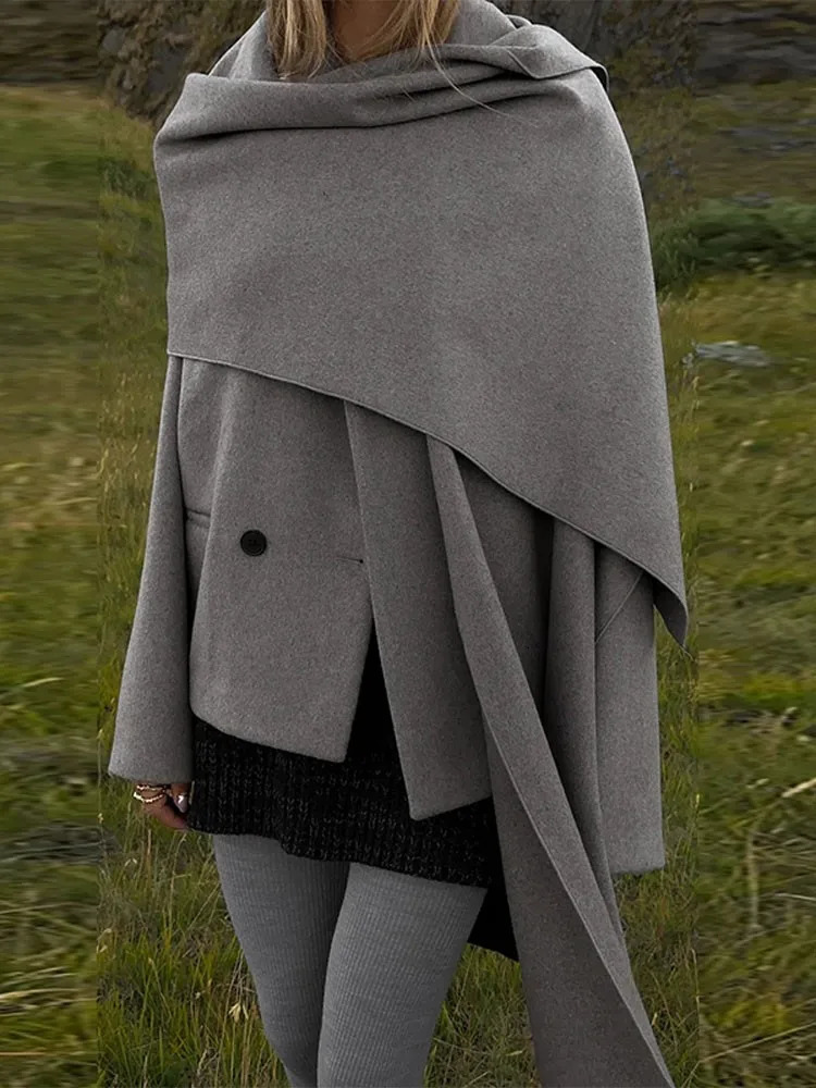 Women's Wool Blends Women Scarf Collar Patchwork Jacket Long Sleeve Double Breasted Thick Warm Coat Autumn Fashion Female Pocket Street Jackets 2