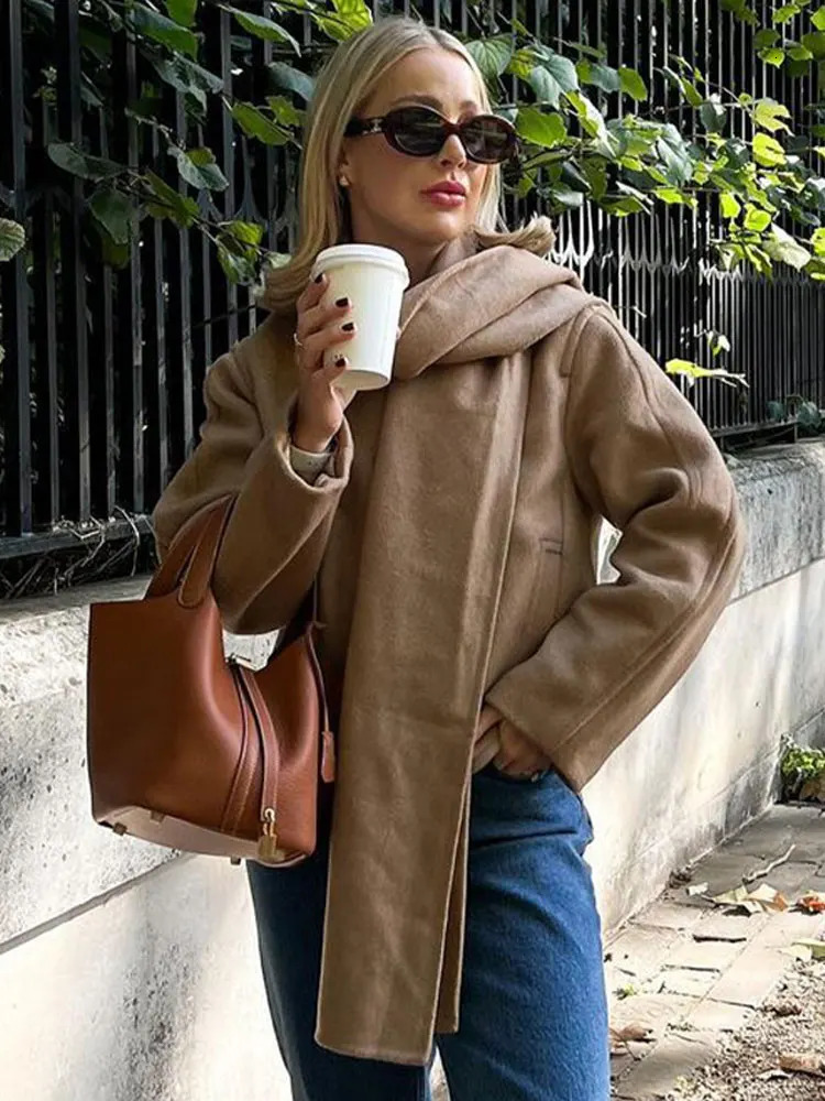 Women's Wool Blends Elegant Woolen Trench Scarf Collar Coat Women Vintage Fashion Windbreakers Jacket Winter Loose Single Breasted Warm Outerwear