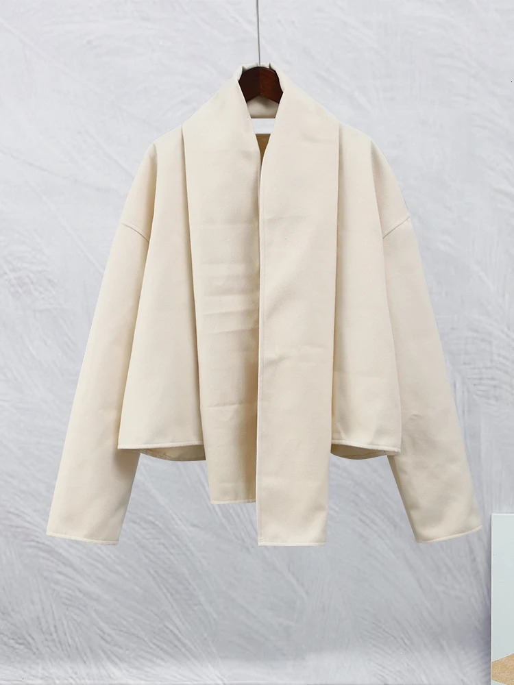 Women's Wool Blends Elegant Beige Scarf Collar Woman's Short Woolen Coat Loose V Neck Long Sleeved Cardigan Autumn Lady Chic High Streetwear