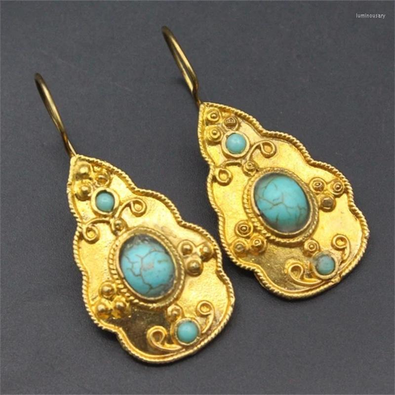 

Dangle Earrings Ethnic Creativity Oval Inlaid With Blue Stone Vintage Gold Color Metal Carved Patterns For Women
