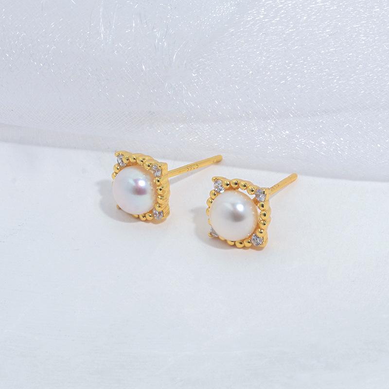 Stud Earrings Icnway Natural White 6-6.5mm Round Freshwater Pearl S925 Silver And Golden Color Wholesale