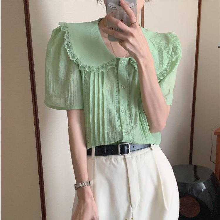 Korean Style Summer Lace Small Shirt Stitching Doll Collar Single Breasted Solid, Creamy-white
Korean Style Summer Lace Small Shirt Stitching Doll Collar Single Breasted Solid, Creamy-white