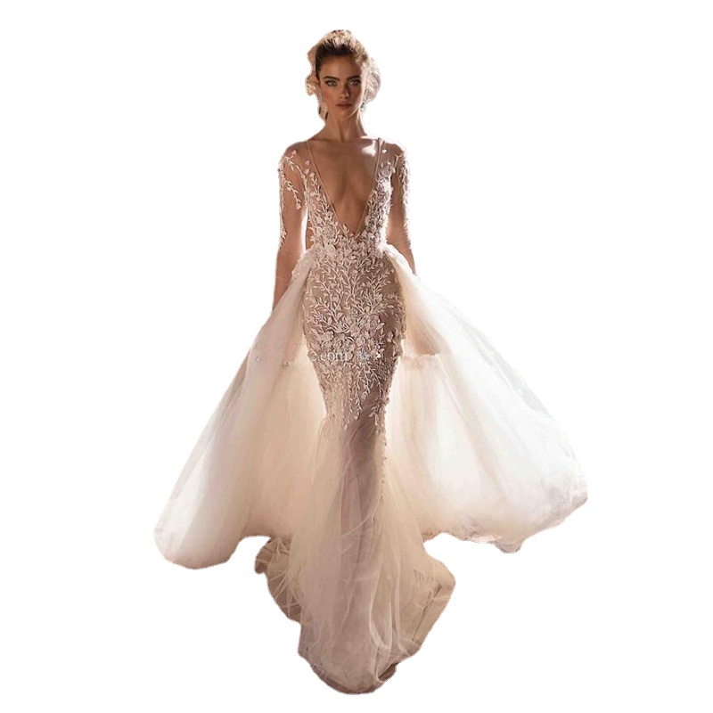 Mermaid Wedding Dresses Sexy V Neck Backless Beach Bohemian Bridal Gowns Lace Long Sleeves Wedding Dress Overskirt, White
Mermaid Wedding Dresses Sexy V Neck Backless Beach Bohemian Bridal Gowns Lace Long Sleeves Wedding Dress Overskirt, White