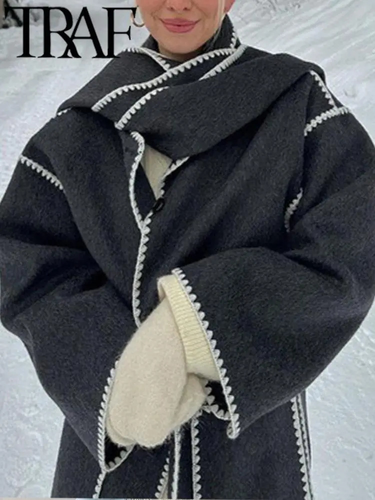 Women's Wool Blends TRAF With Scarf Oversize Women Trench Coat Autumn Winter Warm Thick Long Sleeve Buttons Loose Jacket Female Windbreak 231114