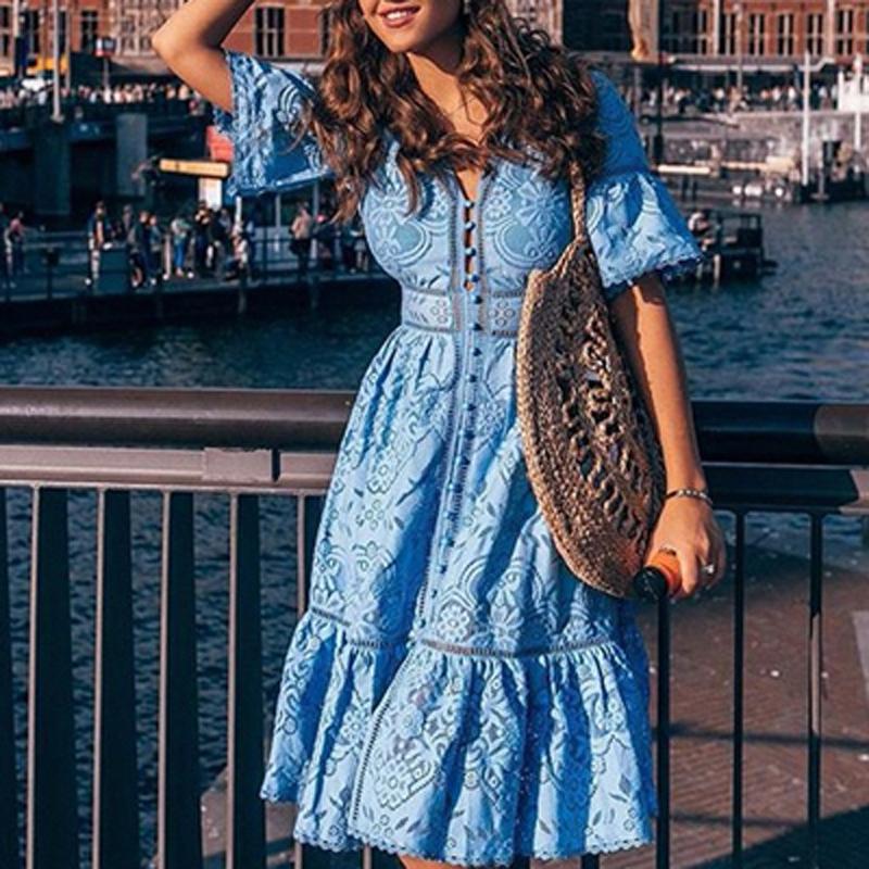 Casual Dresses Sexy Lace V-neck Hollow Dress Elegant Fashion Women Spring Summer Button Flared Sleeve Ladies Slim A-line Party, Pink
Casual Dresses Sexy Lace V-neck Hollow Dress Elegant Fashion Women Spring Summer Button Flared Sleeve Ladies Slim A-line Party, Pink
