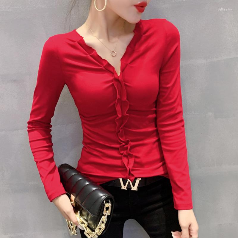 Women's T Shirts Black Red Yellow Long Sleeve Shirt Women V-neck Ruffles Sexy Tight T-Shirt Femme Slim Elastic Women's Tee Spring
Women's T Shirts Black Red Yellow Long Sleeve Shirt Women V-neck Ruffles Sexy Tight T-Shirt Femme Slim Elastic Women's Tee Spring