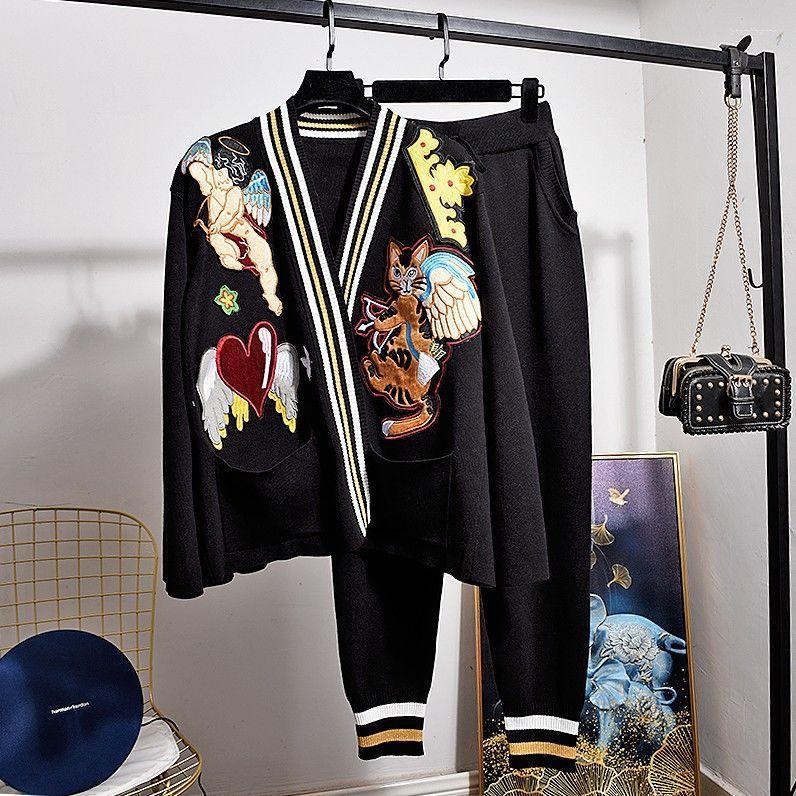 Women' Two Piece Pants Fashion Women Knitted Suits 2023 Autumn Embroidery Cartoon Loose Knit Cardigans Coat Casual Harem Streetwear Sets, Black
Women' Two Piece Pants Fashion Women Knitted Suits 2023 Autumn Embroidery Cartoon Loose Knit Cardigans Coat Casual Harem Streetwear Sets, Black