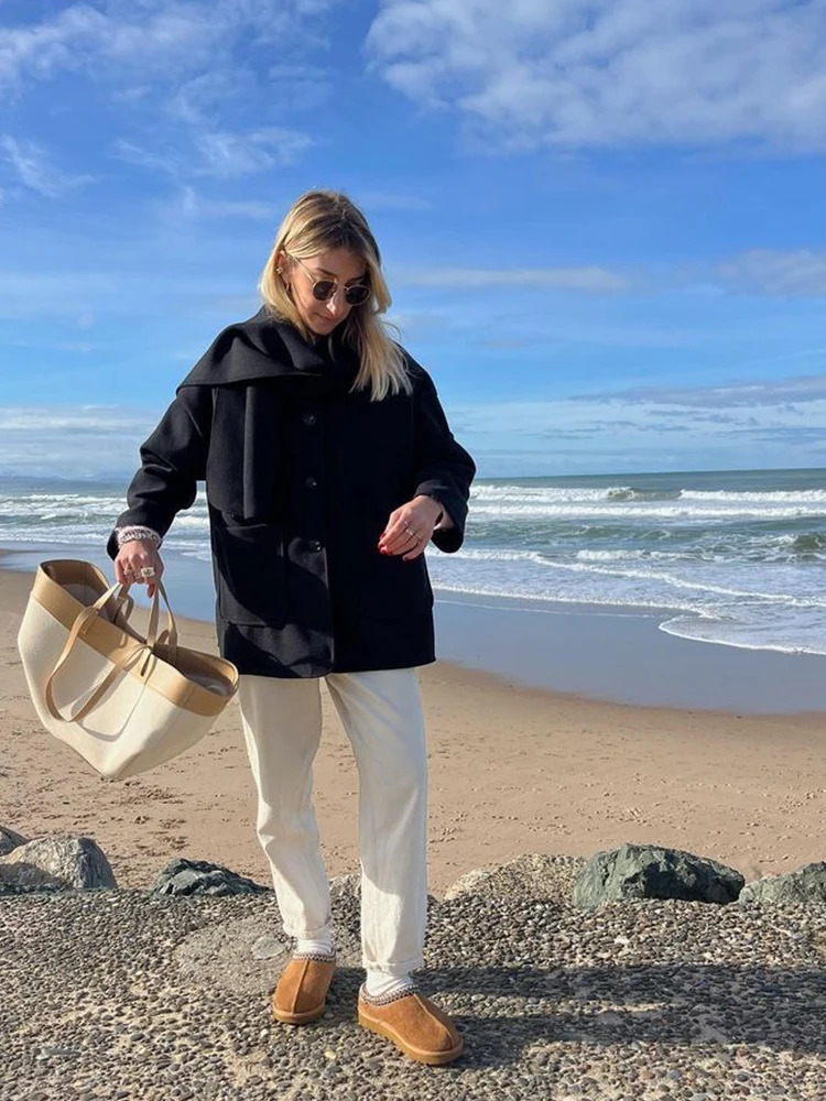 Women's Wool Blends Casual Autumn Jacket Women Scarf Collar Single Breasted Long Sleeve Elegant Lady Coats Winter Fashion Pocket Wool Coat Tops 2