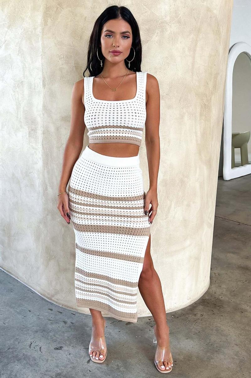 Work Dresses 2023 Women Summer Sleeveless Short Vest Sexy Slit Striped Open Fork Mid Long Skirt Knitting Two Piece Sets, White
Work Dresses 2023 Women Summer Sleeveless Short Vest Sexy Slit Striped Open Fork Mid Long Skirt Knitting Two Piece Sets, White
