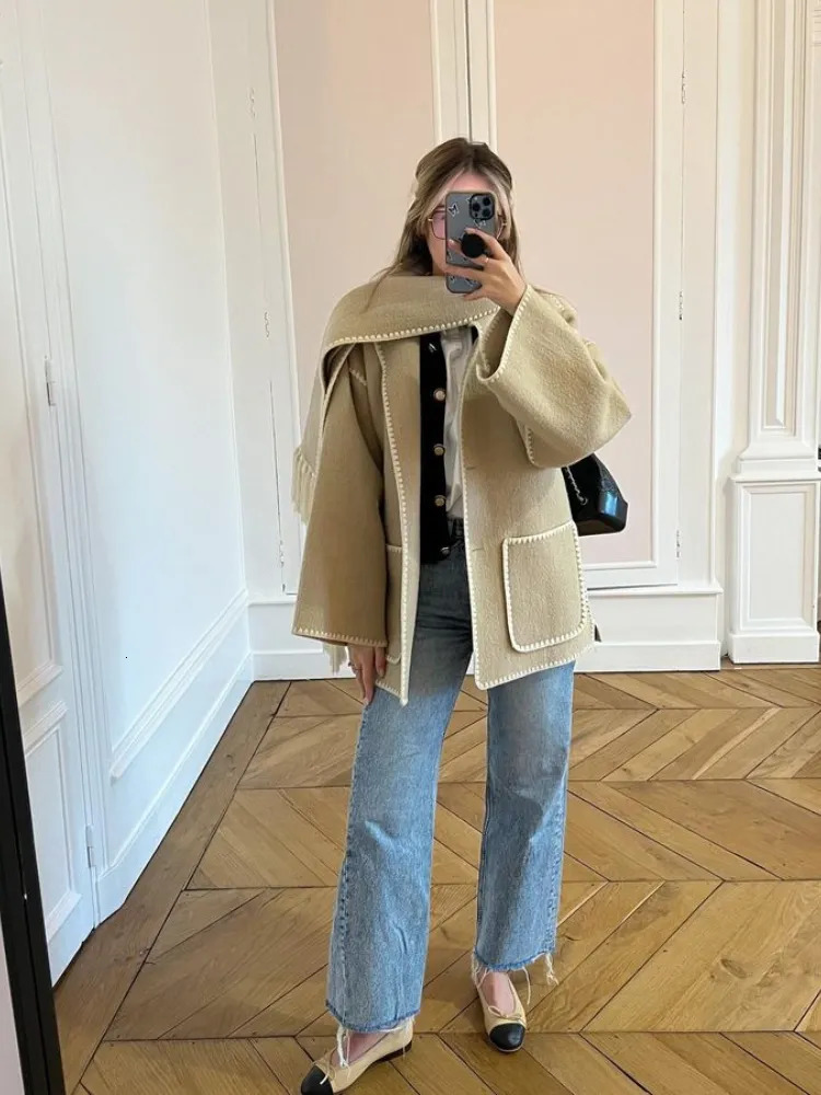 Women's Wool Blends Patchwork Tassel Shawl Collar Women Coat Casual Long Sleeve Pocket Single Breasted Female Jacket Fashion Lady Coats 231114