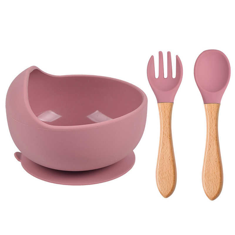 Cups Dishes Utensils 3/4 PCS Baby Silicone Feeding Bowl Wooden Handle Silicone Spoon Fork Bibs Sets Children's Tableware Suction Bowl Dishes For 