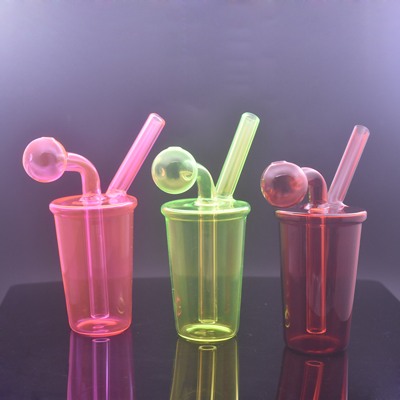 Colorful Small Glass Oil Burner Bong Hookah Coffee Cup Clear Pyrex Thick Bubbler Smoking Water Pipe Recycler Ash Catcher Bong with 30mm Ball Oil Burner Pipe