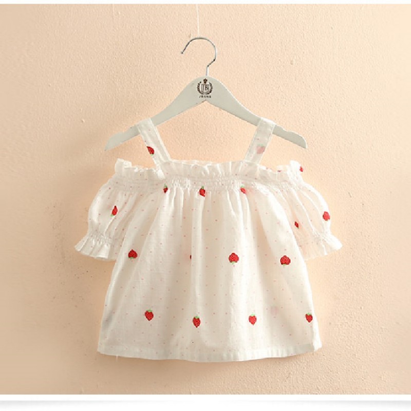 T-shirts Fashion 2 3 4 5 6 8 10 Years Cotton Cartoon Print Short Sleeve Off Shoulder Strap Summer T-Shirt For Kids Baby Girls 230414