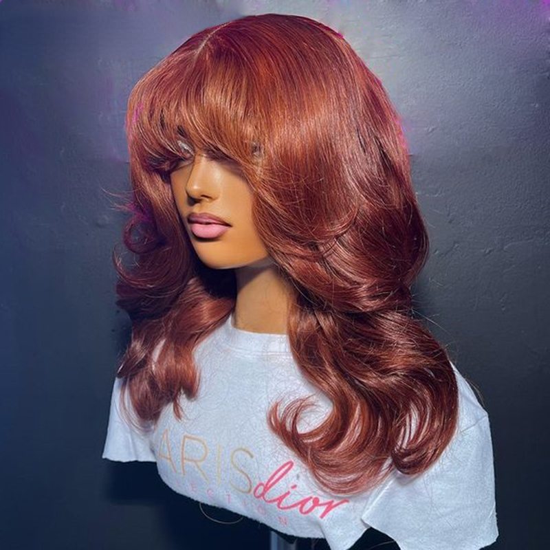 Free shipping Peruvian Reddish Brown Colored Body Wave with Bangs 360 Short Frontal Wig Human Hair for Women Synthetic Lace Closure Wigs