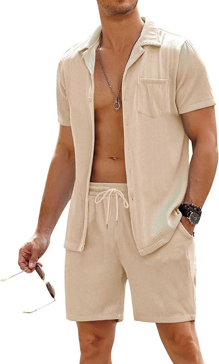 Men's 2 Pieces Shirt Sets Short Sleeve Casual Button Down Hippie T-Shirts Shorts Sets Summer Fashion Beach Outfits