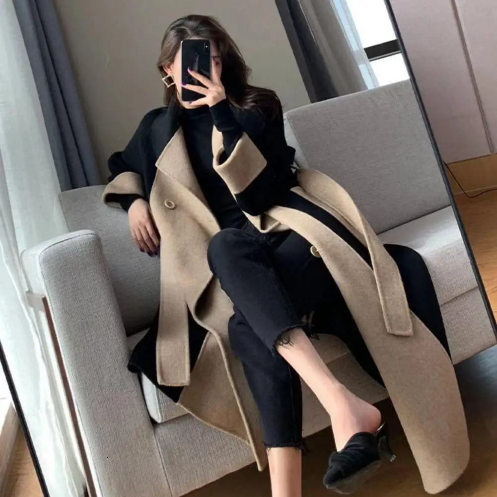 Womens Wool Blends Women Overcoat Color Matching Doublebreasted Winter Coat Mid Length Doublesided Turndown Collar Lady For Dating 231114