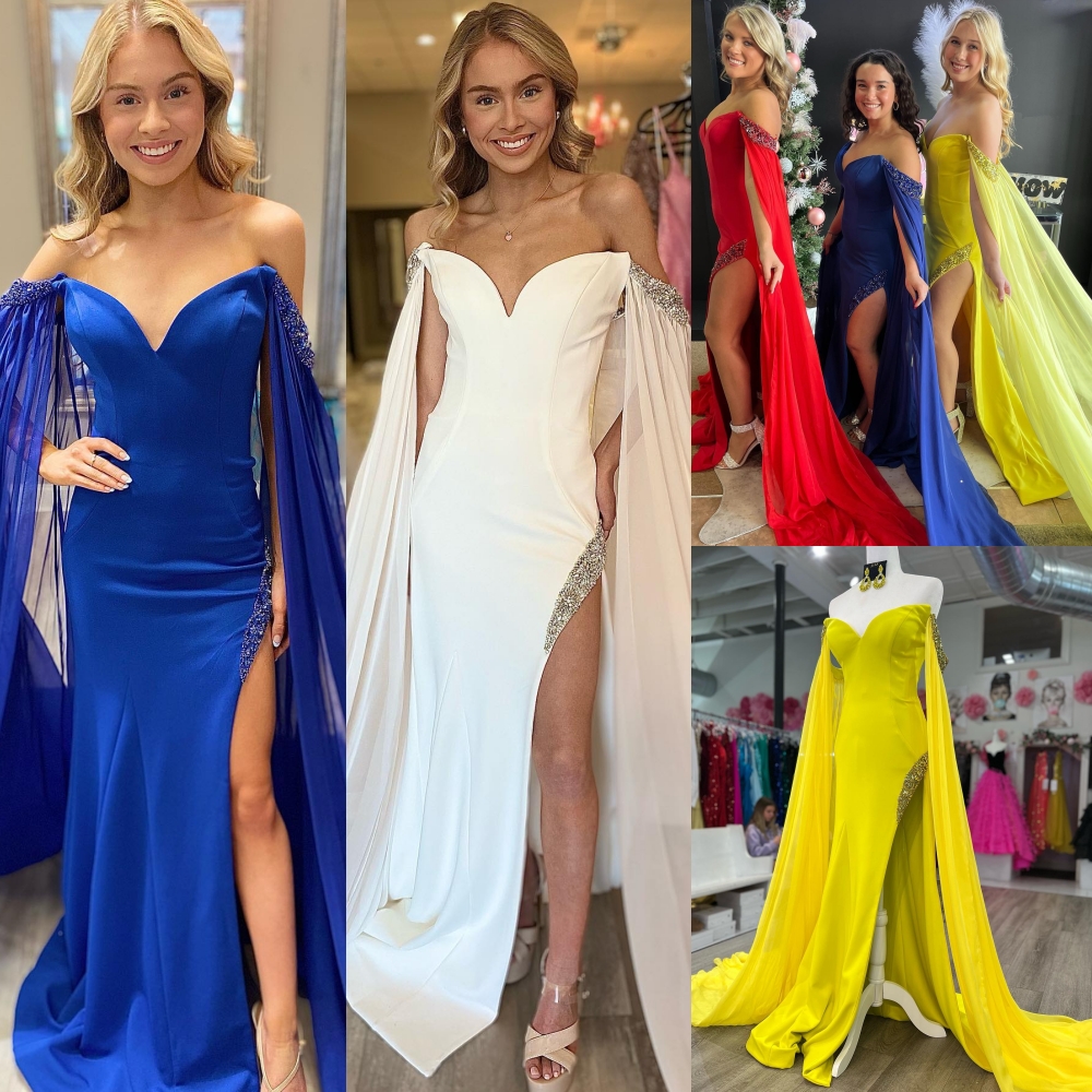 Yellow Prom Dress 2k24 Long Chiffon Cape Crepe Fitted Lady Pageant Winter Formal Evening Cocktail Party Hoco Gala Gown Mother of Bride Wedding Guest B