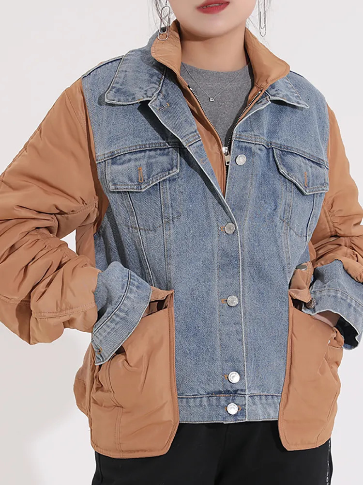 Women's Jackets DEAT Autumn And Winter Fashion Turn-down Collar European Style Loose Patchwork Denim Cotton Woman jackets 7Z249 231114