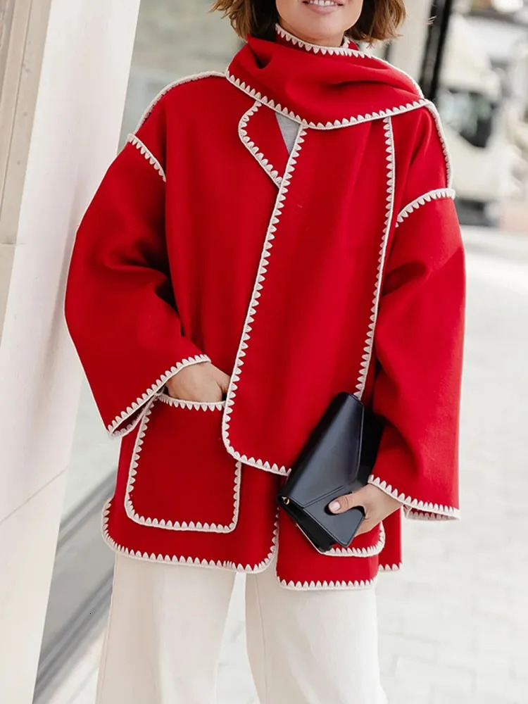 Women's Wool Blends Autumn Elegant Patchwork Coat With Scarf For Women Fashion Lapel Long Sleeve Pocket Coats Winter Lady Outwear Jacket 231114