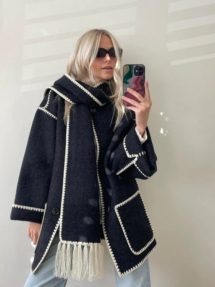 Women's Wool Blends OFTUBY Winter Women Jacket Double-sided Wool Blends Cashmere Real Fur Coat Knitted Tassel Scarf Collar Warm Loose Outerwear 2