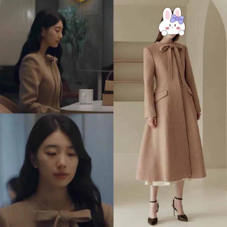 Women's Wool Blends Camel Long Bow Tie Woolen Coat Slim Fashion Coat casaco cropped feminino veste longue 231114