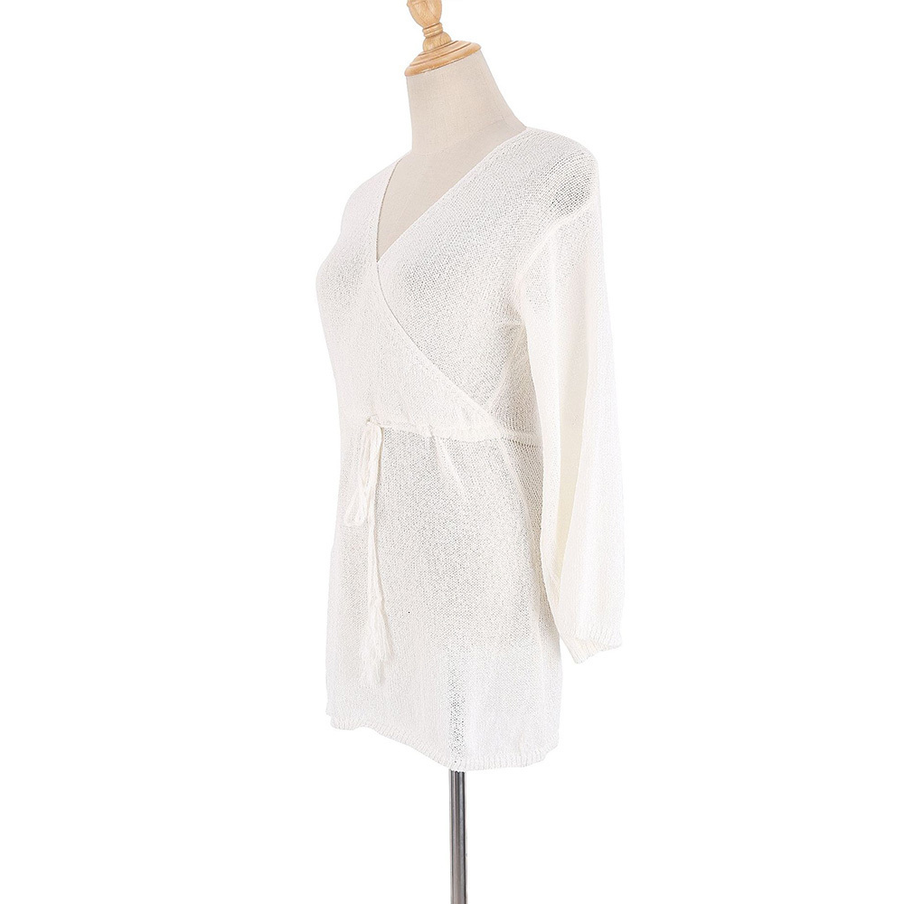 Women's Swimwear Sexy Bikini Cover-ups Beach White Crochet Tunic Knitted Summer Mini Dress Long Sleeves Women Swim Suit Cover Up 230414