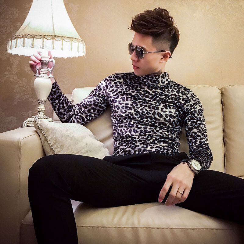 Men's T-Shirts Youth nightclub printed bottom shirt men's slim social guy half high collar T-shirt hairdresser leopard print middle collar t