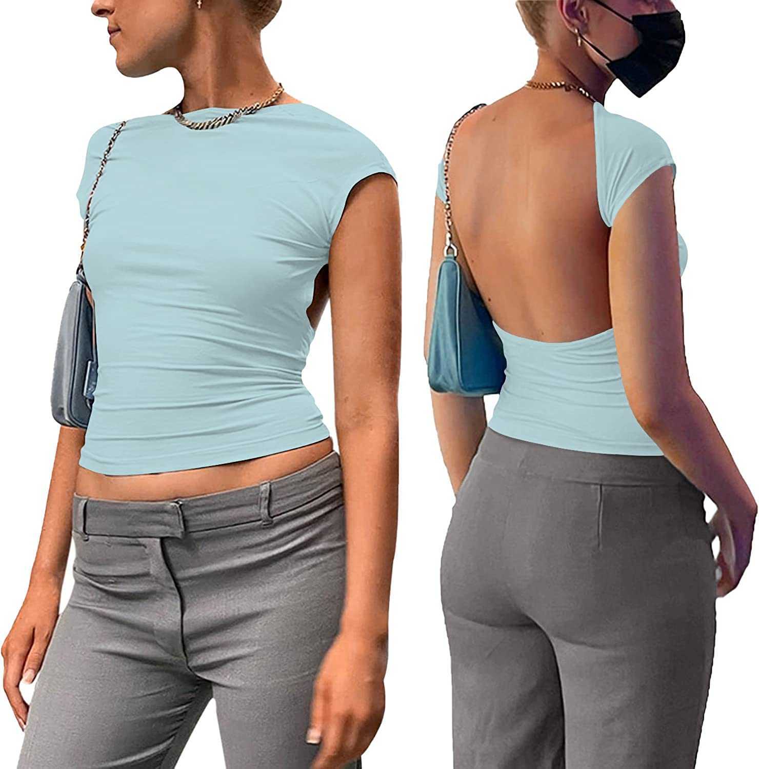 Fashion Women's Sexy Backless Designer Short Sleeve Slim Fit Crewneck New Summer Casual Y2K Crop Tee