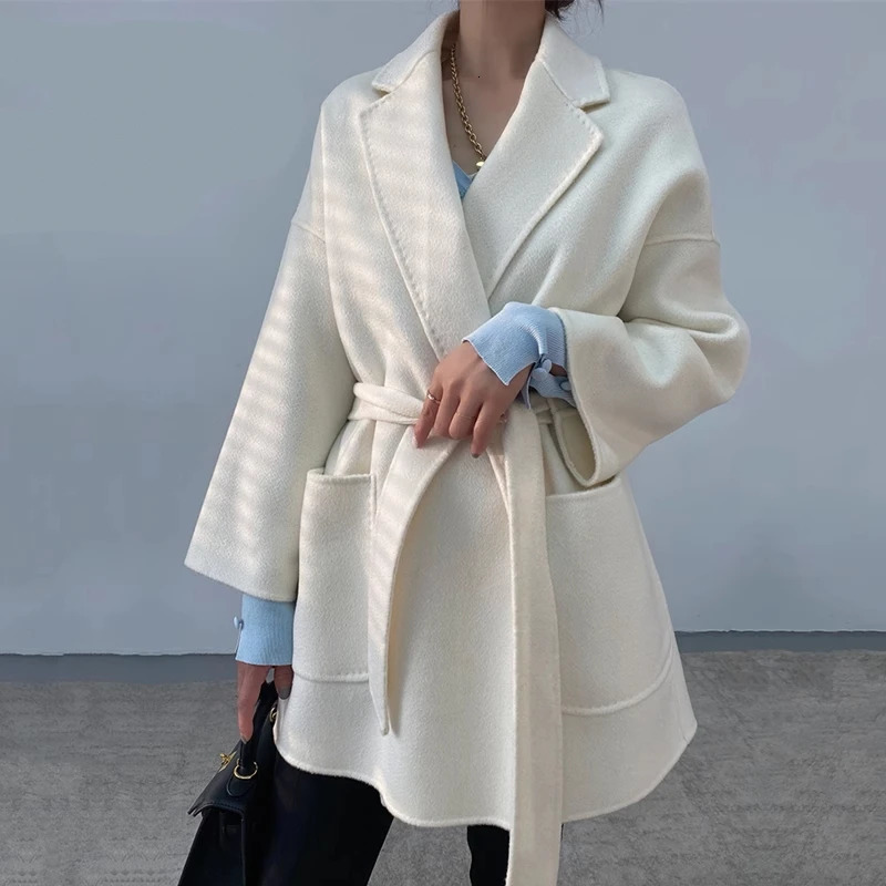 Women's Wool Blends Water Ripple Wool Coat Women Autumn Cashmere Coat Female Mid-length Black Coat Loose Lace Beige Coat Camel Fashion Casual Coa