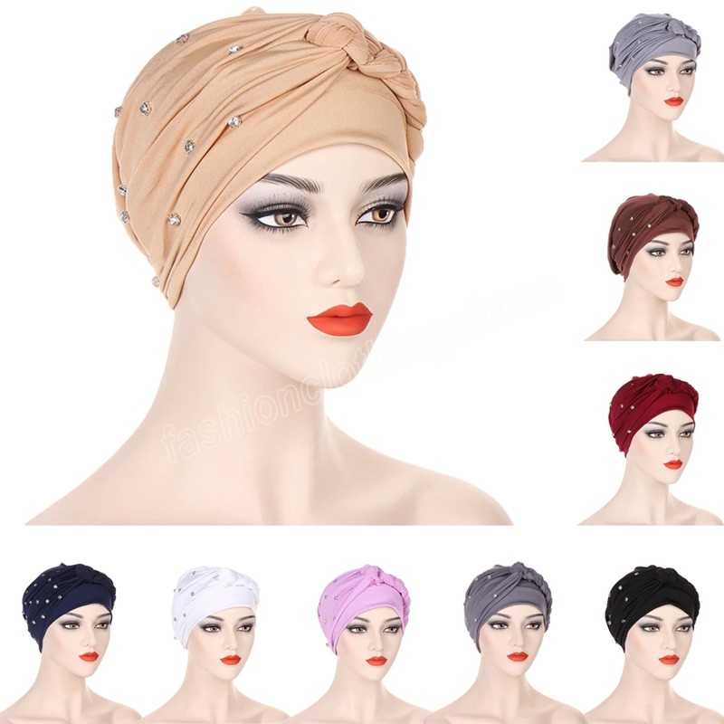 

Diamonds Ladies Muslim Hijab Turban Braids Beanies Indian Chemo Cap Head Wrap Scarf Hair Loss Hat Cover Bonnet Femme Cancer Caps, Mixed color