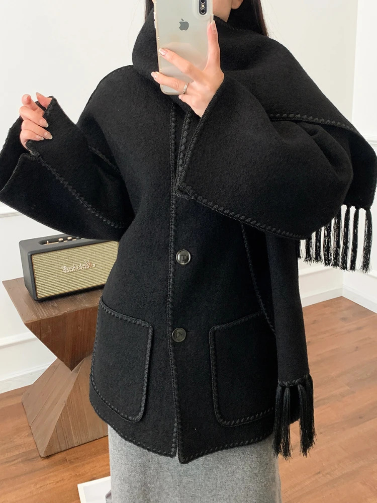 Women's Wool Blends OFTUBY Winter Women Jacket Double-sided Wool Blends Cashmere Real Fur Coat Knitted Tassel Scarf Collar Warm Loose Outerwear 2