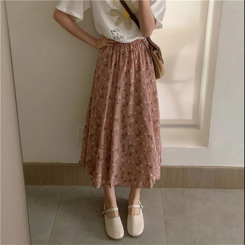 Skirts Vintage A-line Skirts Floral Print Pleated Long Skirts Summer Women Korean Skirt Harajuku Streetwear Elastic Waist MidiSkirt 230414