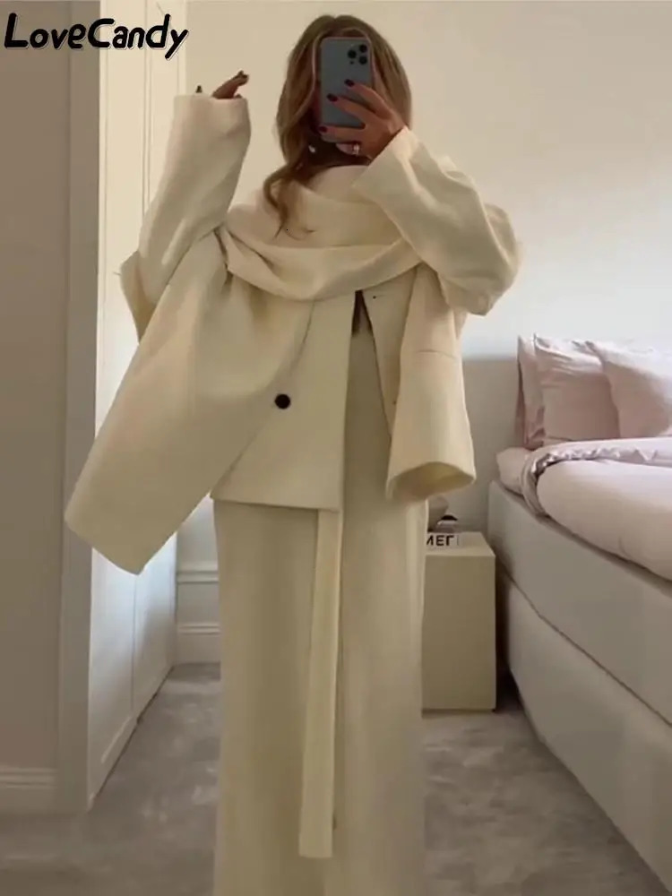 Women's Wool Blends Women Scarf Collar Patchwork Jacket Long Sleeve Double Breasted Thick Warm Coat Autumn Fashion Female Pocket Street Jackets 2