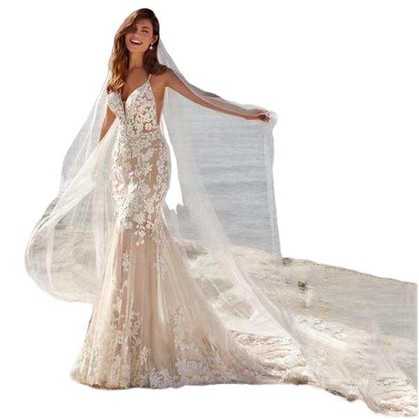 Elegant Beach Mermaid Dresses Boho Illusion Covered Buttons Back Lace Applique Chapel Train Plus Size Sexy Backless Wedding Gown Vestido De Novia 403