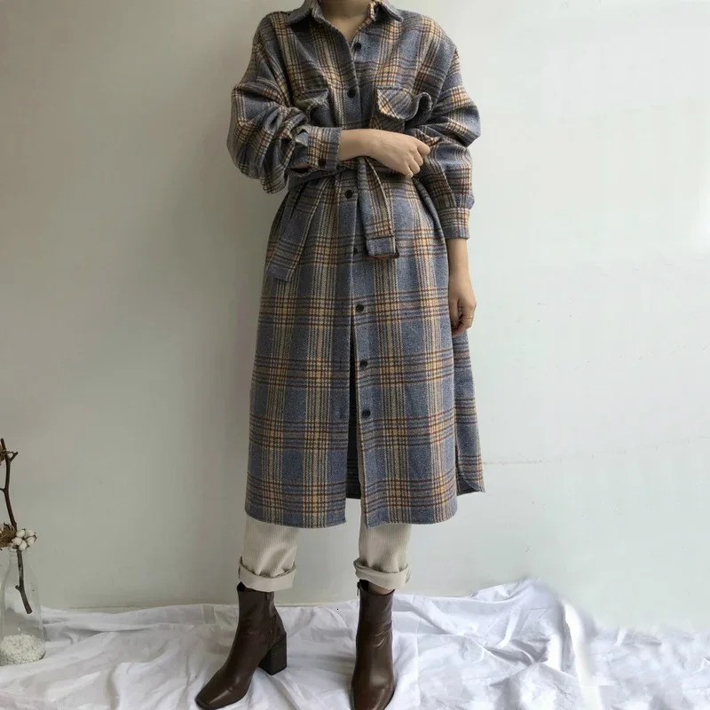 Women's Wool Blends Women's Winter Long Coat Elegant Checked Jacket Oversized Wool Checked Coat Long Sleeve Jacket Retro Autumn Jacket Camel
