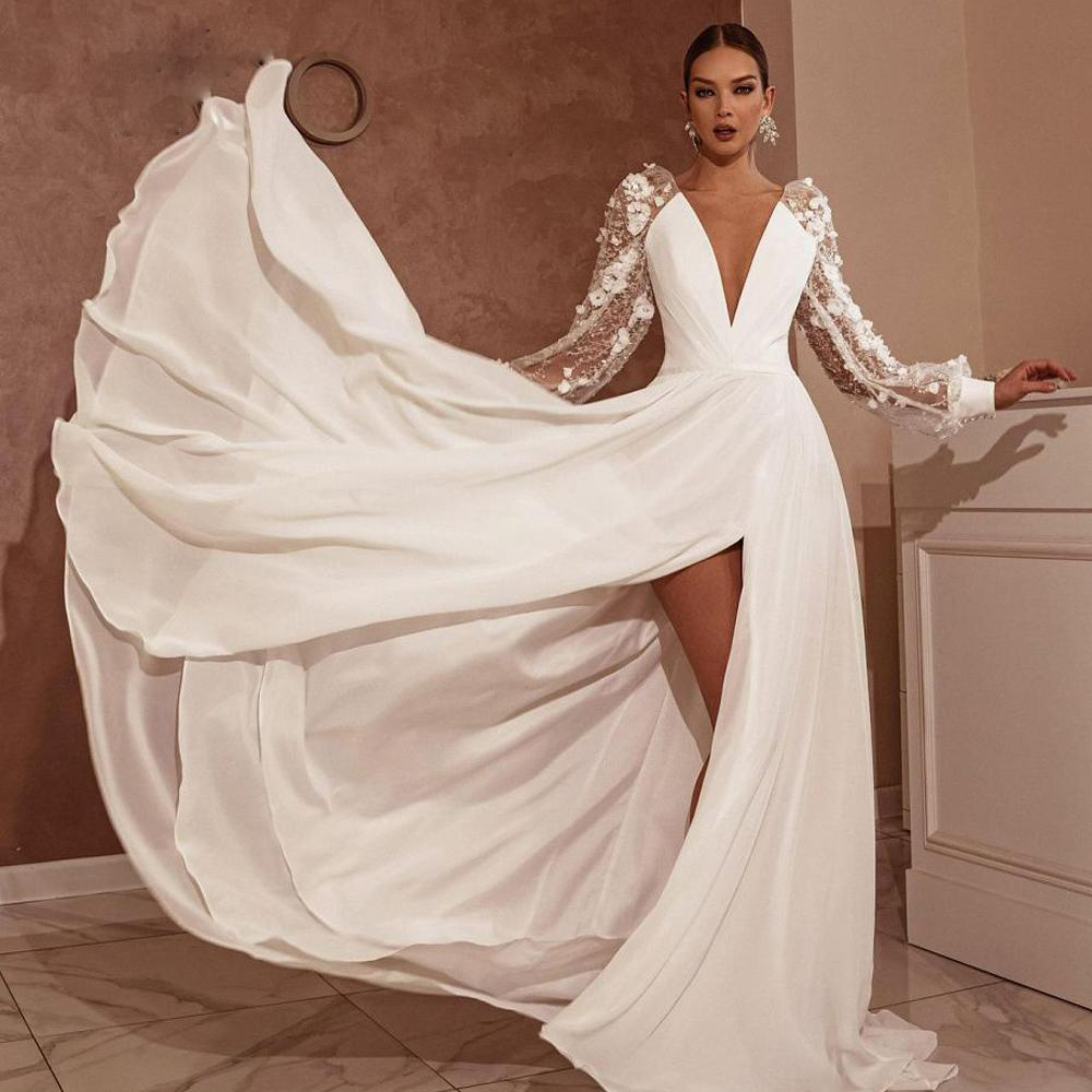 Chiffon Beach A Line Wedding Dresses Puffy Sleeve Civil Bridal Gowns V Neck 3D Flower Side Split Vestidos De Mariage, Same as image
Chiffon Beach A Line Wedding Dresses Puffy Sleeve Civil Bridal Gowns V Neck 3D Flower Side Split Vestidos De Mariage, Same as image