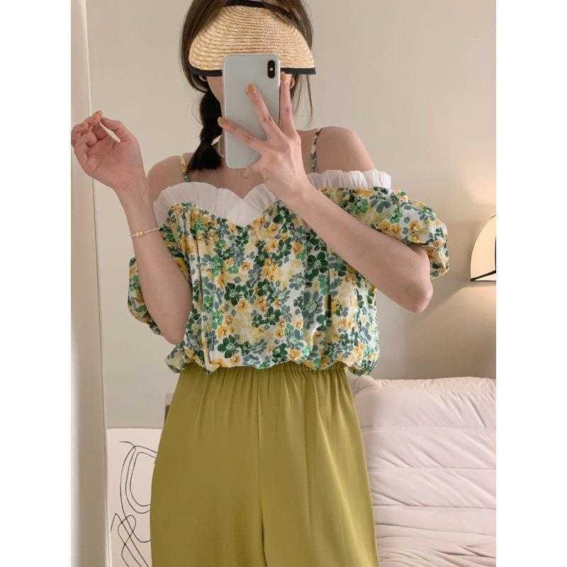 Chic Summer Cute Youth Blouses Looking Ruffled Splicing Sling Off Shoulder, Green