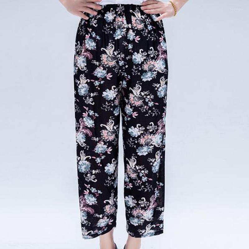 Women's Pants Women's Summer Thin Loose Ice Silk Flowers Polyester Black Red Nine-point Straight Pant Printed Seaside Beach Wear Casual, Black-2 
Women's Pants Women's Summer Thin Loose Ice Silk Flowers Polyester Black Red Nine-point Straight Pant Printed Seaside Beach Wear Casual, Black-2