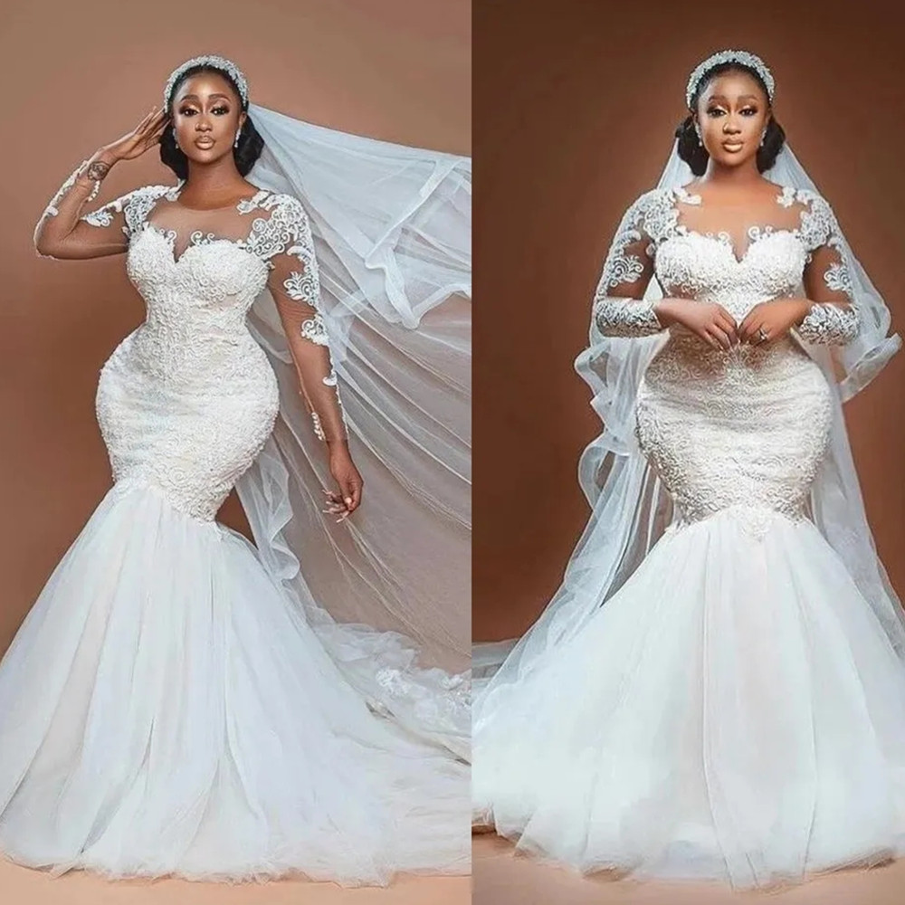 South Africa Mermaid Wedding Dresses Lace Full Sleeve Appliqued Sweep Train Tulle Bridal Gowns Sheer O-Neck Arabic Aso Ebi Vestidos De Novia Plus Size
