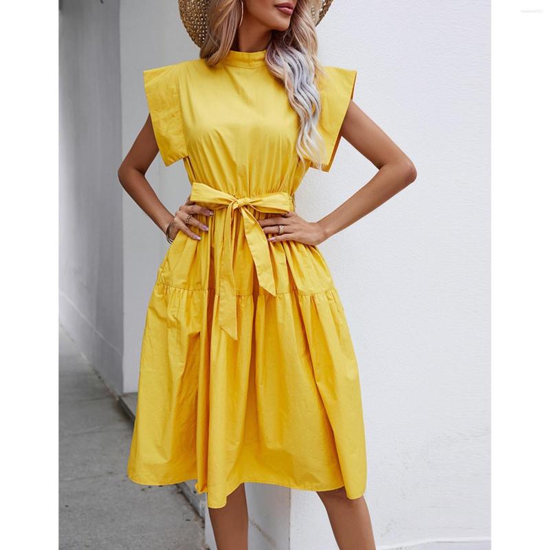 Casual Dresses Holiday Style Midi Dress For Women Solid Color Stand Collar Slimming Waist Belt Lace Up 2023 Summer, Yellow
Casual Dresses Holiday Style Midi Dress For Women Solid Color Stand Collar Slimming Waist Belt Lace Up 2023 Summer, Yellow
