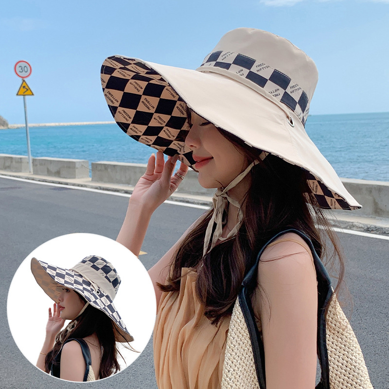 Wide Brim Bucket Hats Ladies Bucket Hat Double Sided Wear Fashion Checked Summer Beach Neck Protection Sun Visor Packable Wide Brimmed Foldable Revers