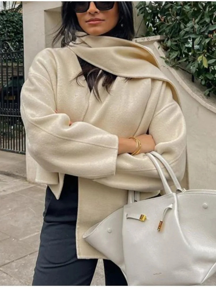 Women's Wool Blends Elegant Beige Scarf Collar Woman's Short Woolen Coat Loose V Neck Long Sleeved Cardigan Autumn Lady Chic High Streetwear