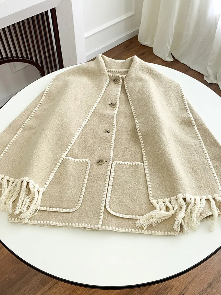 Women's Wool Blends Women Fringe Scarf Collar Coat Double-sided Woolen Single Breasted Autumn Winter Loose Embroidery Trim Female Casual Jacket 2