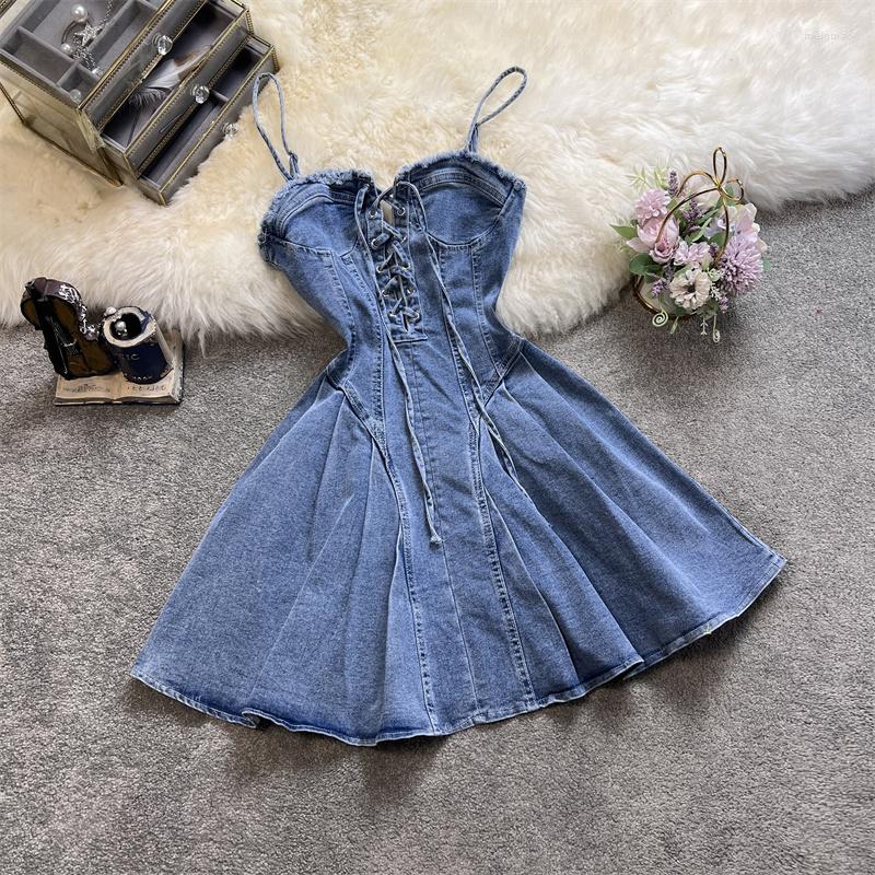 Casual Dresses 2023 Summer Bandage Jean Spaghetti Strap High Quality Denim Clothing, Blue
Casual Dresses 2023 Summer Bandage Jean Spaghetti Strap High Quality Denim Clothing, Blue