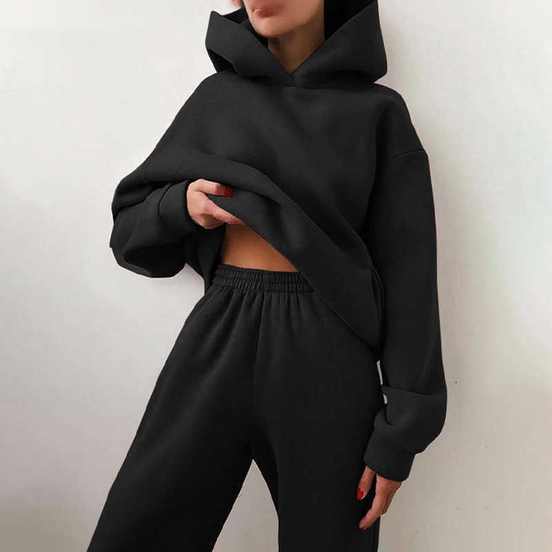 Women's Tracksuit Solid Hooded Sport Suits Autumn Warm Hoodie Casual Long Sleeve Sweatshirts and Trousers Fleece Two Piece Sets