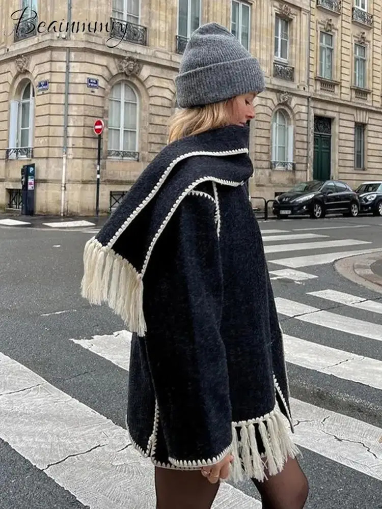 Women's Wool Blends Patchwork Tassel Shawl Collar Women Coat Casual Long Sleeve Pocket Single Breasted Female Jacket Fashion Lady Coats 231114