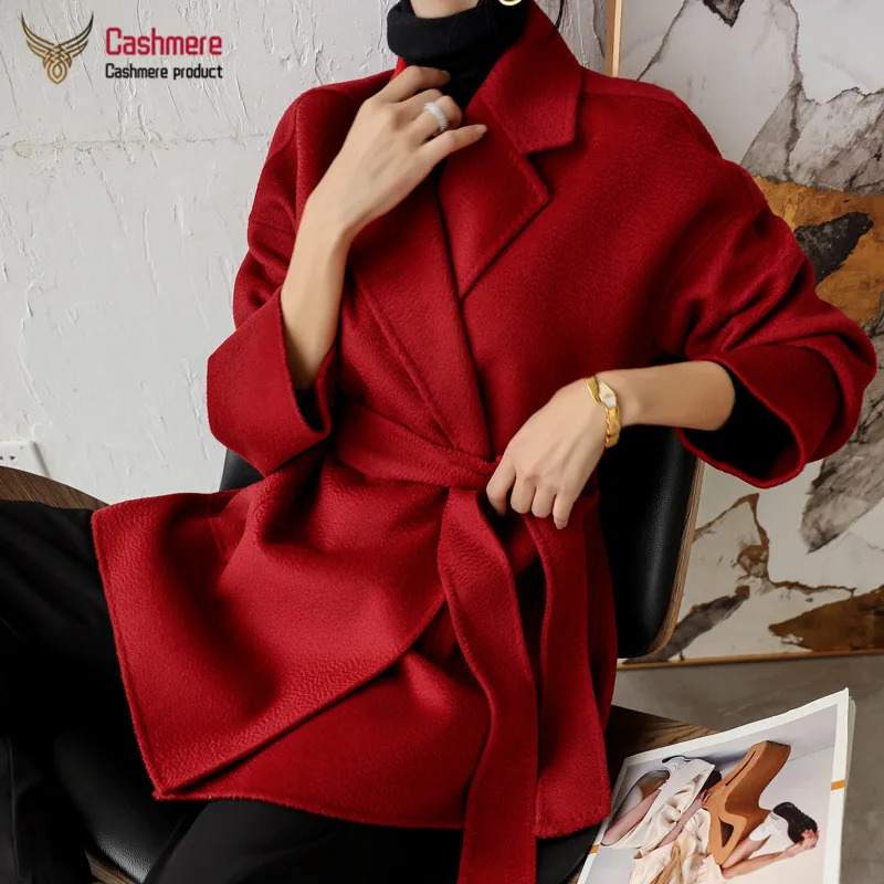 Women's Wool Blends Water Ripple Wool Coat Women Autumn Cashmere Coat Female Mid-length Black Coat Loose Lace Beige Coat Camel Fashion Casual Coa